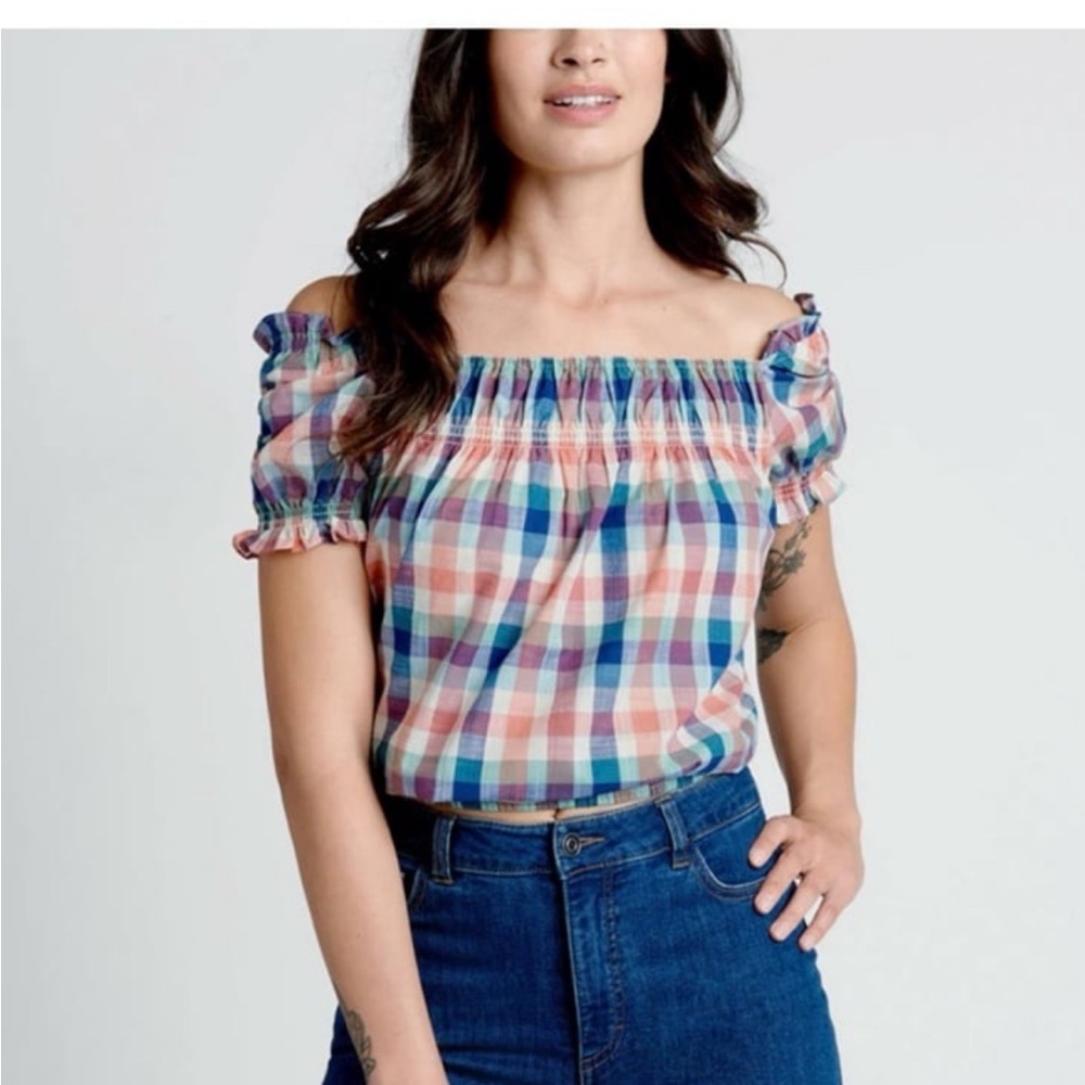 MODCLOTH Smocked Crop Top Summer Madras Plaid Checkered Cotton Women’s MEDIUM